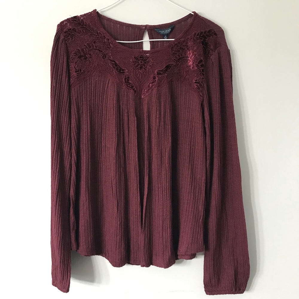 Lucky Brand Peasant Top Semi-Sheer Burgundy